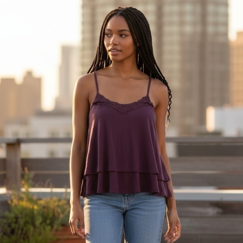American Eagle Women's Brown Tiered Lace‎ Trim Cami Tank Top Size Medium Boho